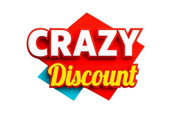 Bold red and blue rhombus shapes with white and yellow text saying crazy discount isolated on transparent background