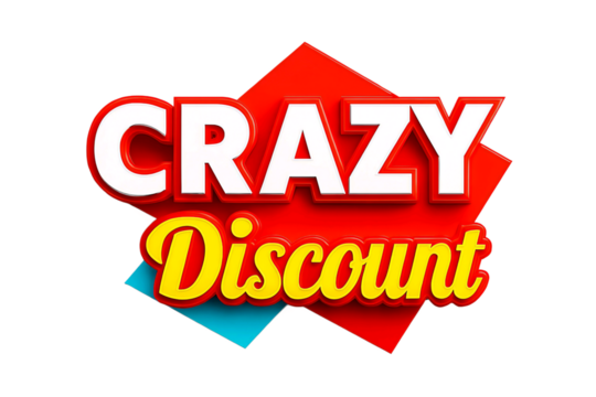 Bright red and yellow neon sign with the words crazy discount isolated on transparent background