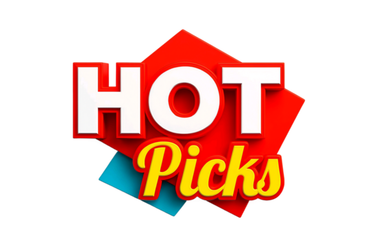 Bold and vibrant hot picks text graphic with layered colorful shapes isolated on transparent background