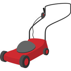 Red lawn mower with black wheels and handle on a transparent background isolated studio shot