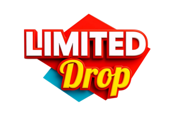 Bold white text limited above yellow text drop on a red diamond shape with blue accents isolated on transparent background