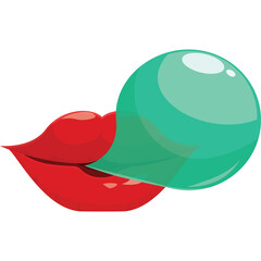 Red Lips Blowing a Teal Bubble Gum with Transparent Background and Simple Design