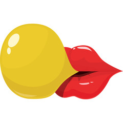 Red Lips Blowing a Yellow Ball Object with Glossy Sheen and High Detail on Transparent Background