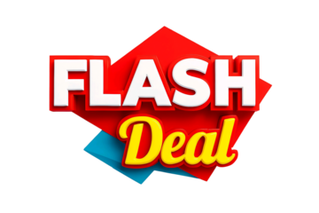 Bold red and blue geometric shapes with white and yellow text announcing a flash deal isolated on transparent background
