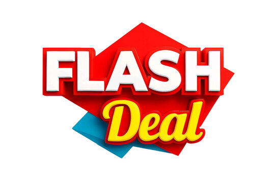 Bold red and blue geometric shapes with white and yellow text announcing a flash deal isolated on transparent background - Powered by Adobe