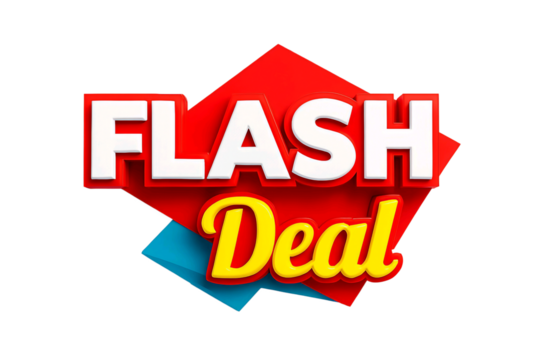 Bold red and blue geometric shapes with white and yellow text announcing a flash deal isolated on transparent background