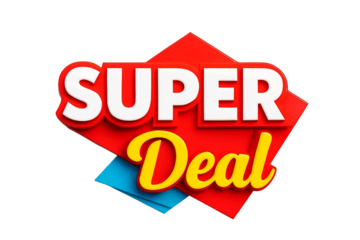 Bold red and yellow super deal sign with white text and shadow effect isolated on transparent background