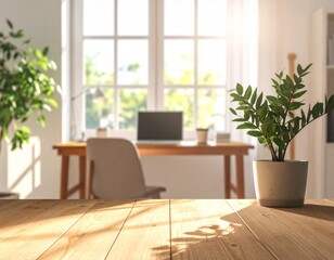 Bright morning in a home office with a laptop and plants on the desk enhancing productivity and comfort