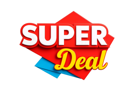Bright red and blue super deal sign with bold white and yellow text isolated on transparent background