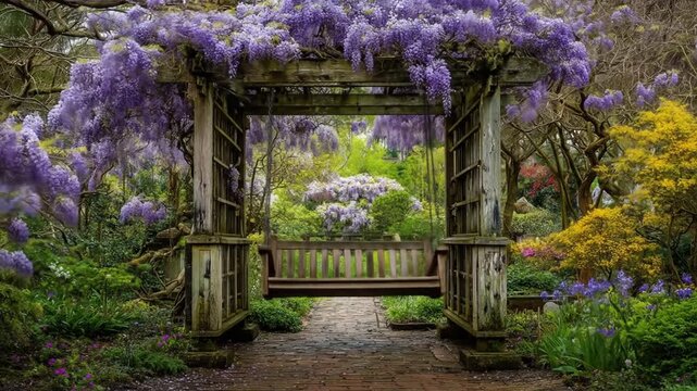 Wooden arbor with swing surrounded by lush greenery and blooming purple wisteria