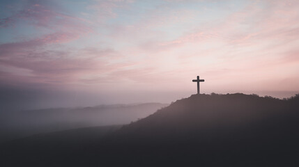 Sacred Dawn: A silhouette of a solitary cross atop a hill, bathed in the soft hues of dawn, invokes a sense of peace and spirituality.