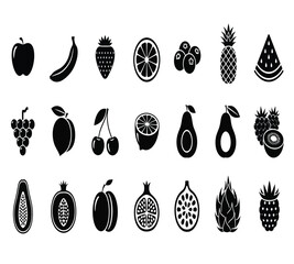 A delightful array of fruit icons, isolated on white background, showcases a variety of natures sweet treats, from apples and bananas to pineapples and watermelons, all rendered in a simple, elegant 