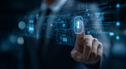 Businessman interacts with futuristic ai regulation interface navigating complex digital security system