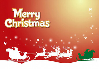 Santa Claus Sleigh Reindeer and Snow Falling in Red and Gold