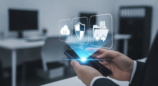 Man using smartphone with cloud, security shield, and file icons, symbolizing data protection and cybersecurity in business