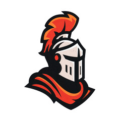 Fototapeta premium A stylized illustration of a knight's helmet with a red plume, in profile, with orange and white accents.