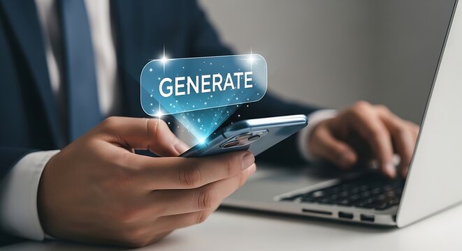 Businessman using smartphone with generate text, concept of artificial intelligence and automation in business