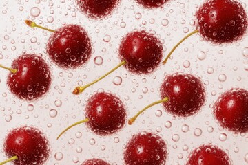 Fresh cherries covered in bubbles submerged in sparkling water
