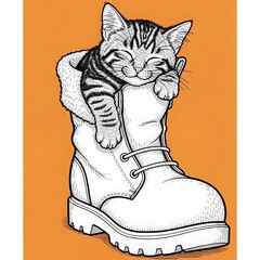 Adorable tabby kitten sleeping peacefully inside a cozy winter boot with fur lining