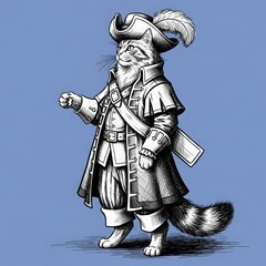 Whimsical anthropomorphic raccoon pirate character in historical costume with feathered hat and sword