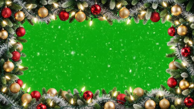 Christmas Tree Frame Green Screen - Festive Christmas tree frame with ornaments, lights, and snow effect on a green screen background. The frame consists of decorated branches and twinkling lights.