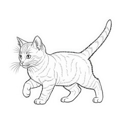 Adorable playful kitten walking with its tail held high in a detailed line art sketch