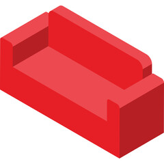 Red modern isometric sofa with armrests and backrest on a transparent background.