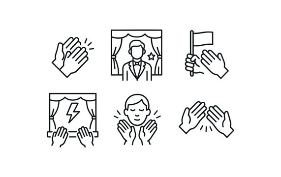 simple outline stroke icon isolated on white background scene transition clapping lead actor recognition mid performance cheer final act thunderclap emotional response applause synchronized