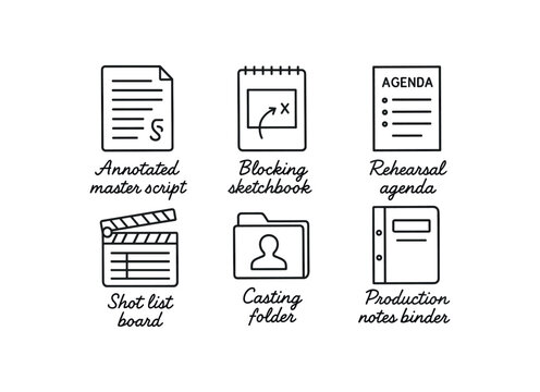 simple outline stroke icon isolated on white background annotated master script blocking sketchbook rehearsal agenda planner shot list board casting folder production notes binder