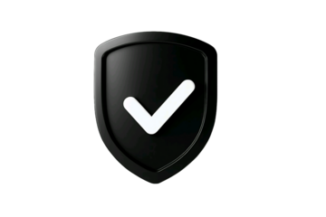 Black shield emblem with a white checkmark symbol representing security and verification isolated on transparent background