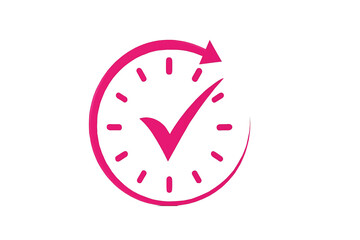 Bright pink hand drawn clock face with a checkmark symbol indicating completion or success isolated on transparent background