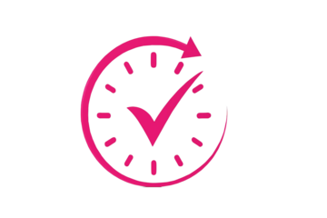 Bright pink hand drawn clock face with a checkmark symbol indicating completion or success isolated on transparent background