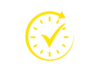 Yellow clock icon with a checkmark inside and an arrow indicating time passing isolated on transparent background