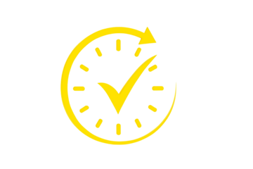 Yellow clock icon with a checkmark inside and an arrow indicating time passing isolated on transparent background