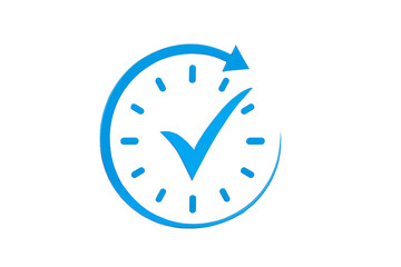 Blue neon clock face with a checkmark and arrow indicating completion or success isolated on transparent background
