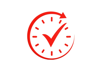 Red neon clock icon with a check mark symbolizing completion and time management isolated on transparent background