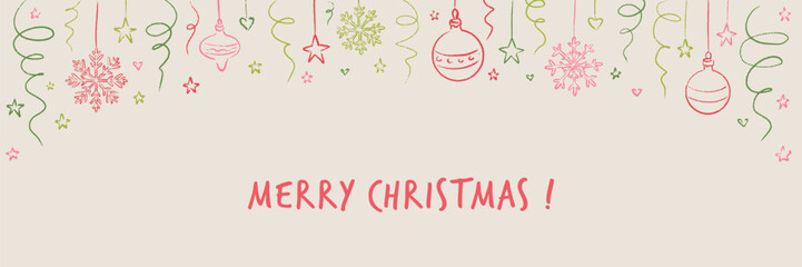 Merry Christmas and Happy New Year cute girly coquette background. Crayon, pencil, chalk doodle sketch drawing. Christmas tree bauble, snowflake, star, confetti. Cute line doodle illustration