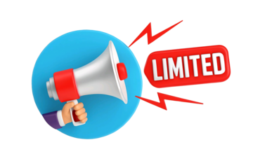 Hand holding a megaphone announcing a limited time offer with red lightning bolts isolated on transparent background