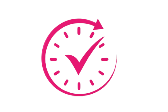 Bright pink hand drawn clock face with a checkmark symbol indicating completion or success isolated on transparent background