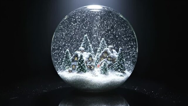 Snow Globe With Winter Scene - A snow globe made of clear glass encases a miniature winter village scene with snow-covered houses and evergreen trees on a black background.