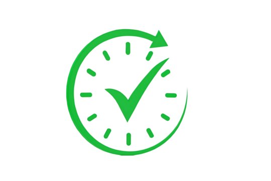 Green clock with checkmark symbol indicating successful completion of time sensitive task isolated on transparent background