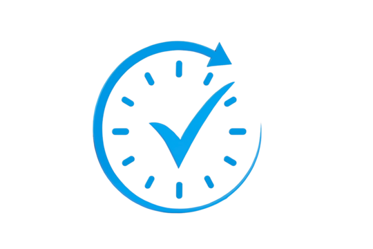 Blue neon clock face with a checkmark and arrow indicating completion or success isolated on transparent background