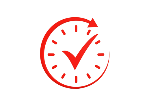Red neon clock icon with a check mark symbolizing completion and time management isolated on transparent background