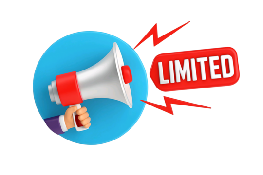 Hand holding a megaphone announcing a limited time offer with red lightning bolts isolated on transparent background