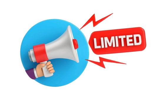 Hand holding a megaphone announcing a limited offer with a red sign isolated on transparent background