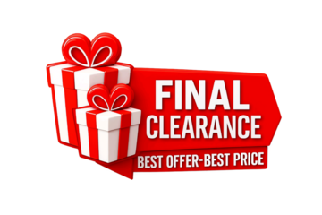 Red banner with final clearance best offer best price text and gift boxes isolated on transparent background