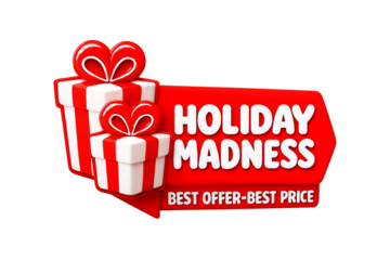 Festive red gift boxes with white stripes and heart shaped bows displaying holiday madness sale text isolated on transparent background