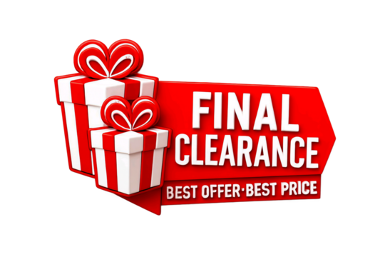 Red and white striped gift boxes with heart ribbons and a red final clearance sign with best offer best price text isolated on transparent background