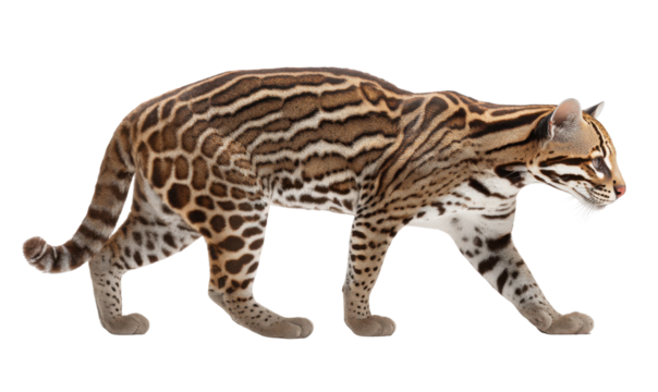 Side profile of an ocelot walking, showcasing its distinctive spotted coat and elegant posture.