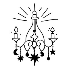 Celestial Chandelier Line Art Illustration with Candles Moons and Stars Elegant Cosmic Christmas Decor Outline Mystical Holiday Design for Winter Greeting Cards and Crafts